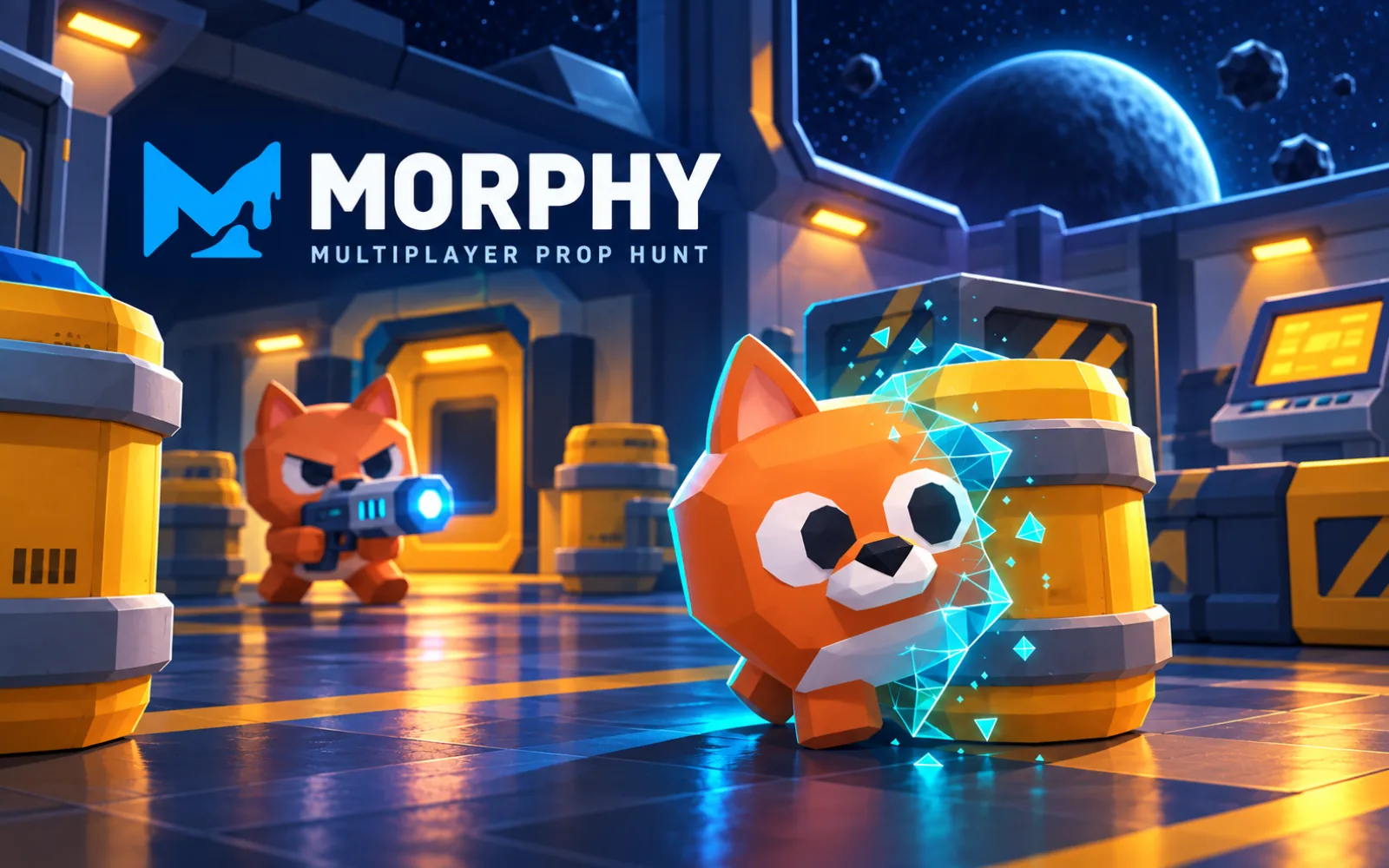 Morphy key art: a low-poly fox mid-transformation into a yellow barrel inside a space station, a second fox aiming from the corridor behind.