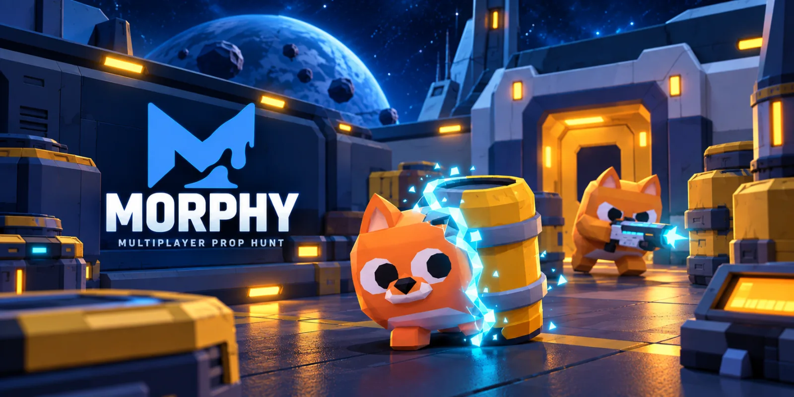 Morphy key art: a low-poly fox mid-transformation into a yellow barrel inside a space station, a second fox aiming from the corridor behind.