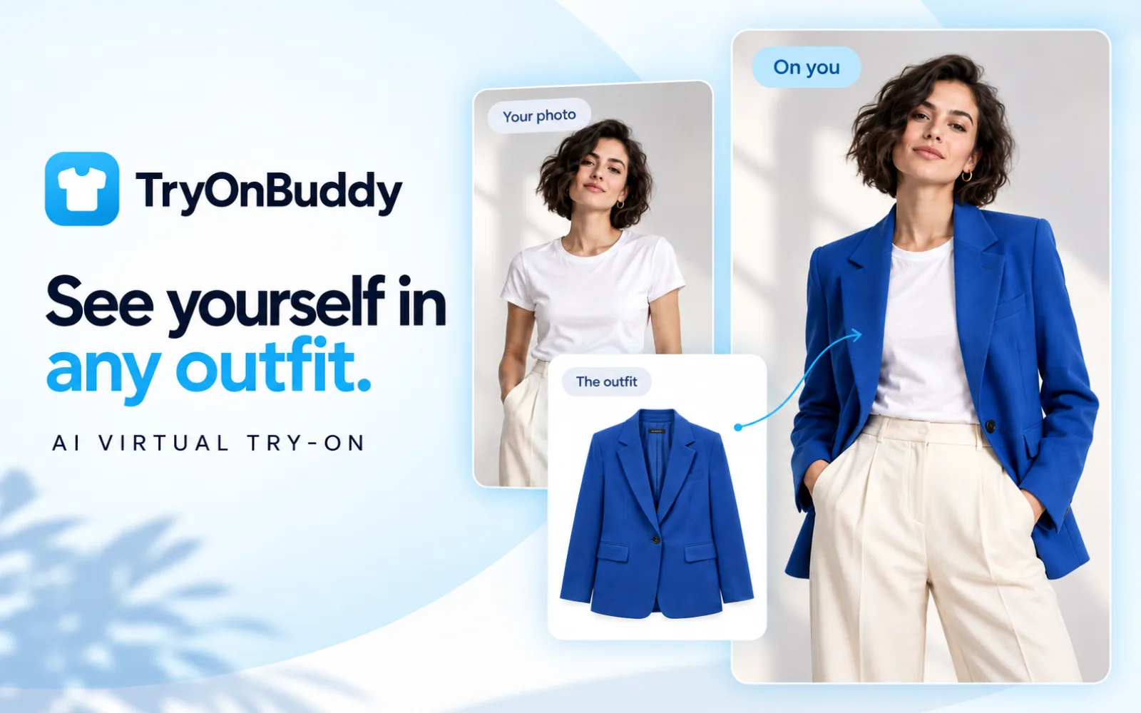 TryOnBuddy key art: a shopper's photo in a white tee, a blue blazer from the catalog, and the same shopper wearing it.