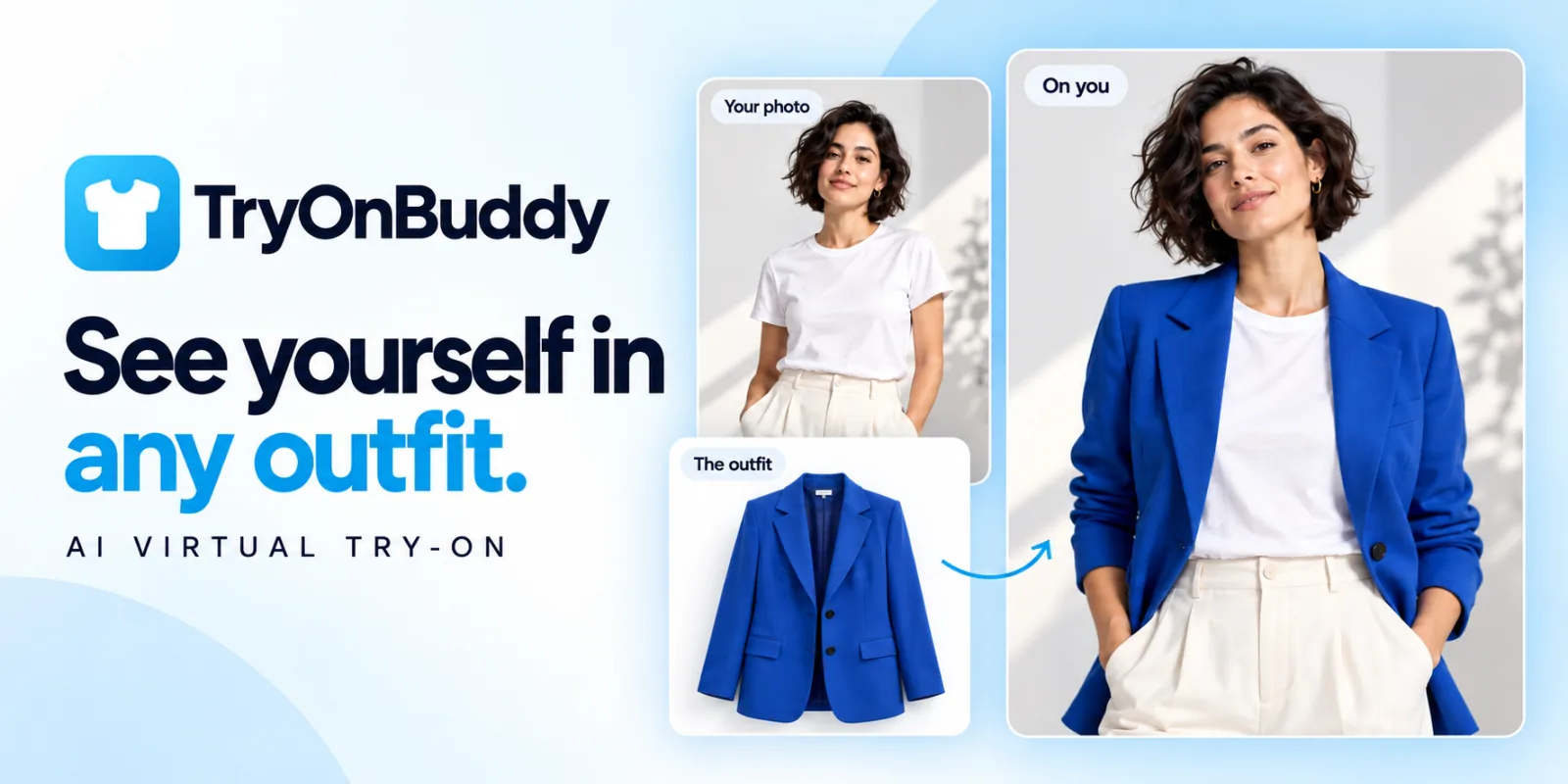 TryOnBuddy key art: a shopper's photo in a white tee, a blue blazer from the catalog, and the same shopper wearing it.